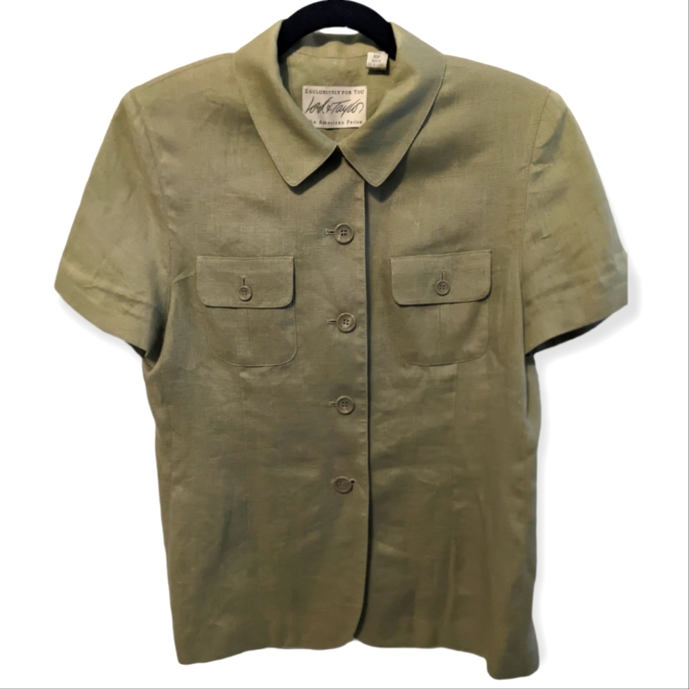 Vintage Short Sleeve Green Linen Blouse, Sz 10P